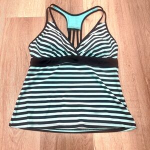 Title Nine Tankini Swim Top Womens Medium Blue Black Striped Racerback Athletic